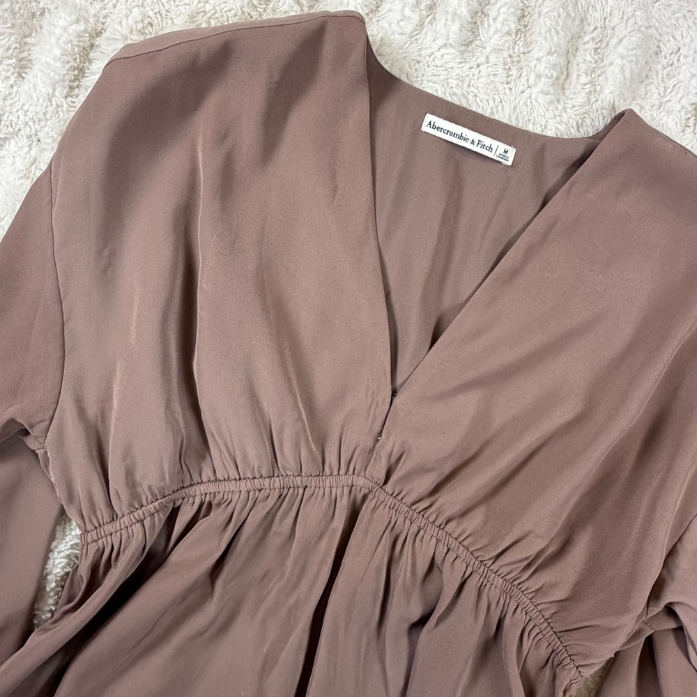 Abercrombie & Fitch Mauve Brown V-Neck Peplum Blouse Long Balloon Sleeve Medium